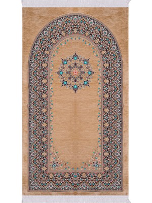 Bursa İpek Bej Şemse Desen Kabartmalı Özel Dokuma Seccade