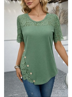 Stelol Kadın Kısa Kollu Dantel Detaylı Yandan Düğmeli Waffle Bluz
