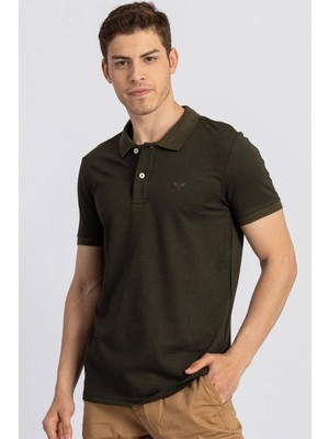 Tudors Erkek Slim Fit Dar Kesim %100 Pamuk Düz Pike Haki Polo Yaka Tişört