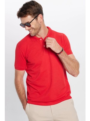 Tudors Erkek Slim Fit Dar Kesim Pamuklu Yumuşak Dokulu Serin Tutan Kumaş Düz Pike Kırmızı Polo Yaka T-Shirt