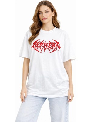 Marsilyan Kadın Kısa Kol Yazlık Tişört Bisiklet Yaka Baskılı Oversize T-Shirt - Beyaz