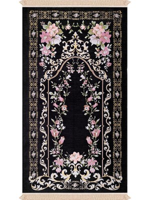 Bursa İpek Siyah Gülbahçe Desen Kabartmalı Özel Dokuma Seccade