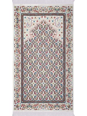 Bursa İpek Krem Şal Desen Kabartmalı Özel Dokuma Seccade