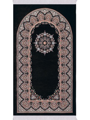 Bursa İpek Siyah Şemse Desen Kabartmalı Özel Dokuma Seccade