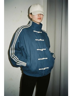 Lacivert Retro Chinese Koleksiyonu Üç Şeritli Vintage Y2K Unisex Ceket