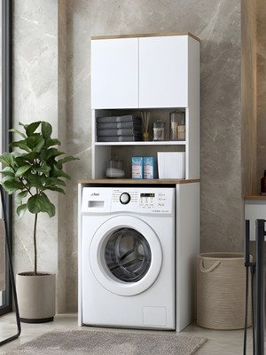 Freehome Premium Mdf Mono Çamaşır Makinesi Üstü Dolap 2 Kapaklı Havluluk ve Deterjanlık Raflı Düzenleyici