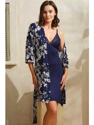 Hobilinka Viskon Çiçek Baskılı Sabahlık ve Dantelli Kısa Gecelik Takım