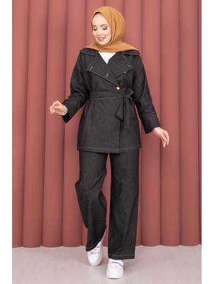 Md Kruvaze Yaka Gold Düğmeli İkili Kot Takım Siyah
