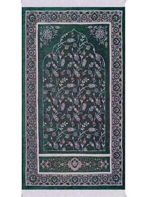 Bursa İpek Yeşil Çini Lale Desen Özel Dokuma Seccade