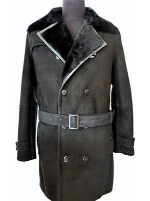 Asus Deri - Siyah  Süet Koyun Kürkü Erkek Trençkot - Burb