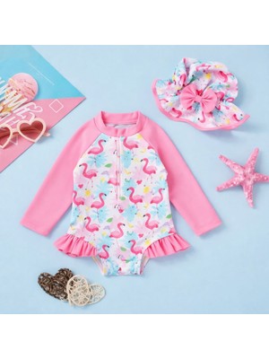 RosabelleMare Kız Bebek Flamingo Desenli Uzun Kollu Mayo Pembe Fırfırlı Şık Yazlık Tasarım