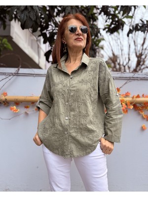 Denizege Butik Italyan Pamuk Güpür Yakalı Gömlek Haki