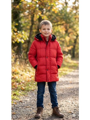 HaanBebe Kırmızı Erkek Çocuk Kapüşonlu Şişme Mont - Su ve Rüzgar Geçirmez Kışlık Kaban