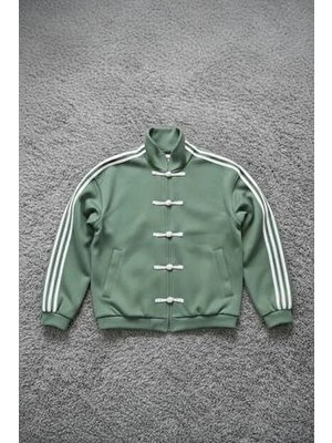 Su Yeşili Retro Chinese Koleksiyonu Üç Şeritli Vintage Y2K Unisex Ceket