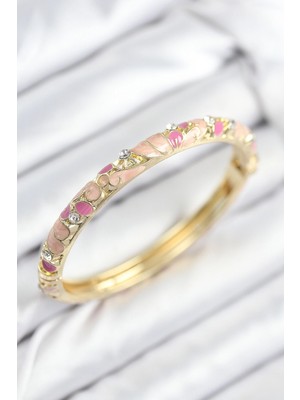 Mineli Pirinç Zirkon Taşlı Pembe Çiçek Motifli Gold Kadın Kelepçe