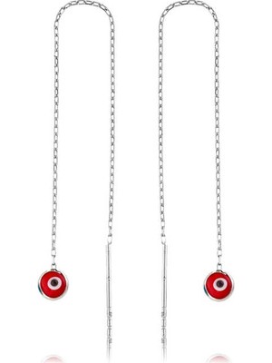 MiraLive 925 Ayar Gümüş Zincirli Kırmızı Nazar Küpe EA1160043 (72)