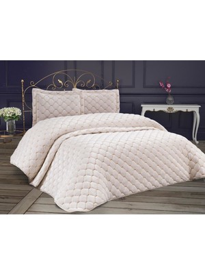 Çeyiz Diyarı Kadife Dolgulu Modern Tema Çift Kişilik Yatak Örtüsü Krem 260 x 250 cm
