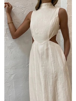 Minik Boyun Detay Pencereli Bel Kolsuz Dizaltı Midi Sahil Yazlık Viskon Elbise