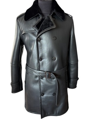 Asus Deri - Siyah  Koyun Kürkü Erkek Trençkot - Burb