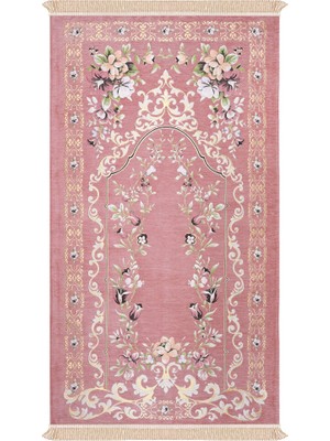 Bursa İpek Pembe Gülbahçe Desen Kabartmalı Özel Dokuma Seccade