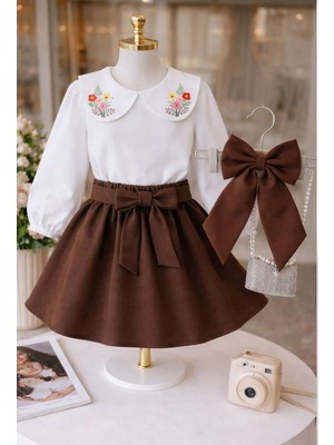 Sy Store Kız Çocuk Nakış Detaylı Bluz & Fiyonklu Etek Takım