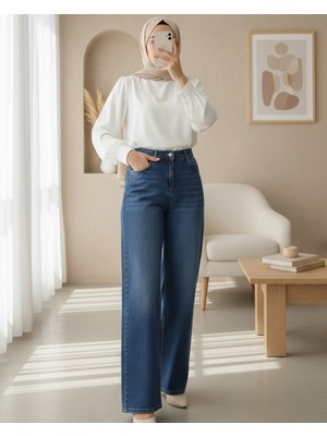 Moda Morfo Çok Cepli Yüksek Bel Kot Pantolon  -Mavi