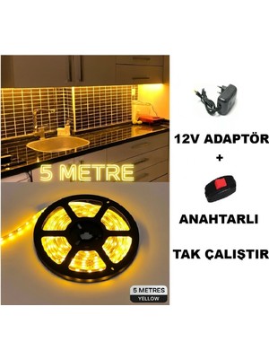 Mutfak Dolabı Tezgah Üstü Için 5 Metre Beyaz Şerit LED Işık Adaptörlü Aç Kapa Anahtarlı Tak Çalıştır