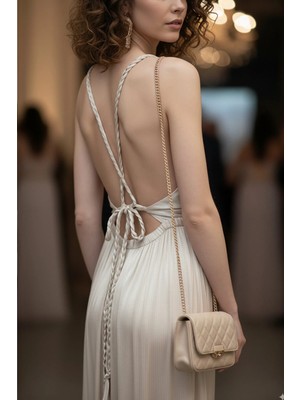 Fashion Cocktail Helen Örgü Sırt Bağlamalı Mat Yumuşacık Saten Yırtmaçlı Bohem Yazlık Uzun Helenistik Gece Elbise