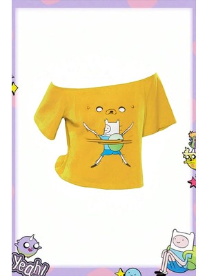 Sarı Adventure Time Finn And Jack Düşük Omuzlu Y2K Kısa T-Shirt