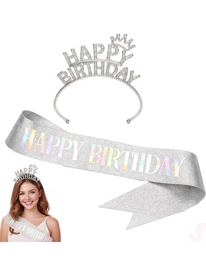 Süsle Bebek ve Parti Happy Birthday Taç ve Kuşak Seti - Gümüş
