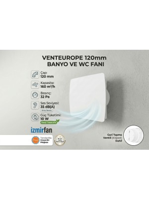 VentEurope Joy 120 Bd – 12 cm Banyo & Tuvalet Aspiratörü | Sessiz ve Güçlü Klapeli Fan Beyaz