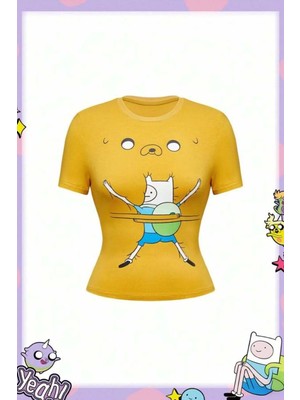 Sarı Adventure Time Fin And Jack Y2K Kısa Kollu T-Shirt