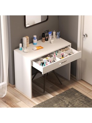 Bicabin Arya Novella Bölmeli Organizer Çekmeceli Makyaj Masası -Beyaz (Kulplu)