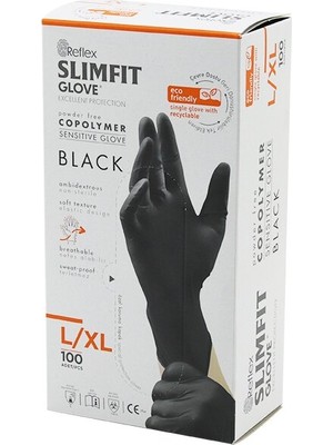 Balkan Grup Reflex Slimfit Glove KOD-031 L-Xl Siyah Pudrasız Muayene Eldiven 100LÜ (5067)