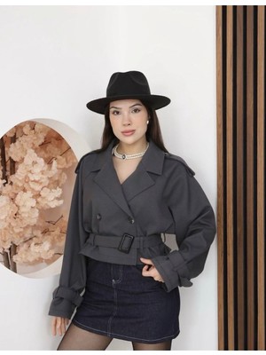 My Lunessa Zr Kısa Crop Kemerli Antrasit Poliviskon Kumaş Trençkot