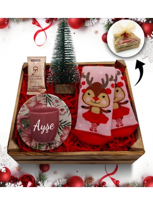 As Gift Kasa Içerisinde Çam Ağacı  & Kişiye Özel Pembe Fincan & Yılbaşı Çorabı & Türk Kahvesi Hediye Seti