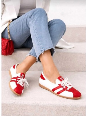 Infinite8 Kadın Retro Çizgili Beyaz Kahverengi Günlük Bağcıklı Babet - Günlük Ayakkabı