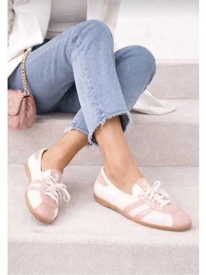 Infinite8 Kadın Retro Çizgili Beyaz Kahverengi Günlük Bağcıklı Babet - Günlük Ayakkabı