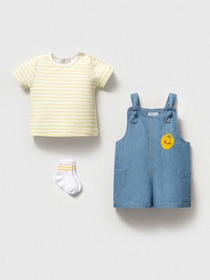NoyNoy Baby Pamuklu Çizgili Tişörtlü Kot Salopet Tulum ve Çorap 3'lü Set 9 -36 Ay