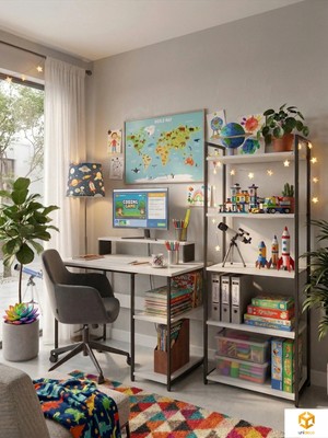 Ayz Vien 2 Raflı Çalışma Masası 5 Raflı Kitaplık Monitör Yükseltici Set Kitaplıklı Ofis Masası Beyaz Çam