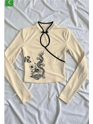 Ekru Mandarin Yaka Ejderha Motifli Vintage Qipao Y2K Uzun Kollu Bluz