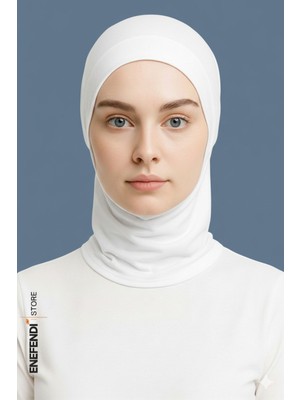NF ND ENEFENDİ Boyunluklu Spor Bone | Beyaz Tesettür Hijab • Geçmeli Hazır Bone • Rahat ve Şık Penye Kullanım