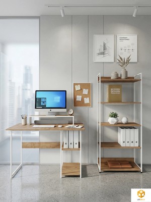 Ayz Vien 2 Raflı Çalışma Masası 5 Raflı Kitaplık Monitör Yükseltici Set Kitaplıklı Ofis Masası Beyaz Çam