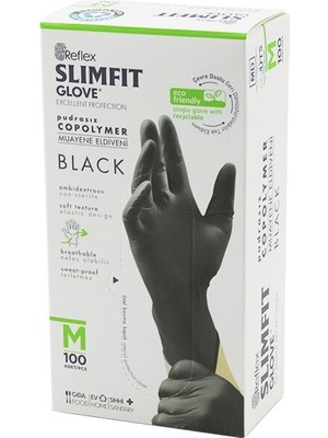 Balkan Grup Reflex Slimfit Glove KOD-032 M Siyah Pudrasız Muayene Eldiven 100LÜ (5067)