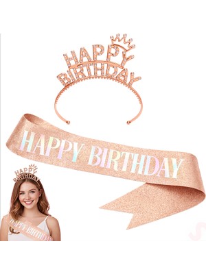 Süsle Bebek ve Parti Happy Birthday Taç ve Kuşak Seti - Rose Gold
