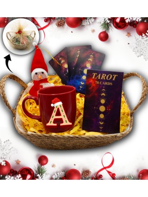 As Gift Hasır Sepetli Tarot Kartları & Kişiye Özel Kırmızı Kupa & Kardan Adam Hediye Seti
