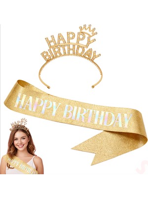 Süsle Bebek ve Parti Happy Birthday Taç ve Kuşak Seti - Altın