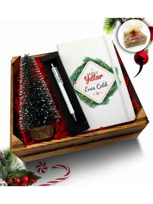 As Gift Kasa Içerisinde Çam Ağacı & Kişiye Özel Beyaz Defter & Kalem Hediye Seti