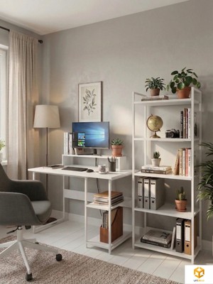 Ayz Vien 2 Raflı Çalışma Masası 5 Raflı Kitaplık Monitör Yükseltici Set Kitaplıklı Ofis Masası Beyaz