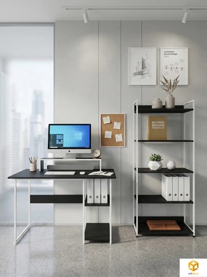 Ayz Vien 2 Raflı Çalışma Masası 5 Raflı Kitaplık Monitör Yükseltici Set Kitaplıklı Masa Beyaz Siyah